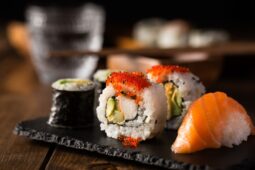 Closeup of sushi rolls on platter